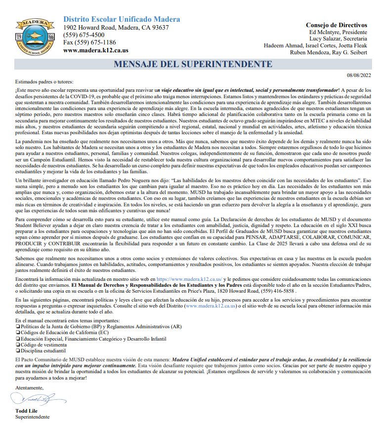 Superintendent Message in Spanish