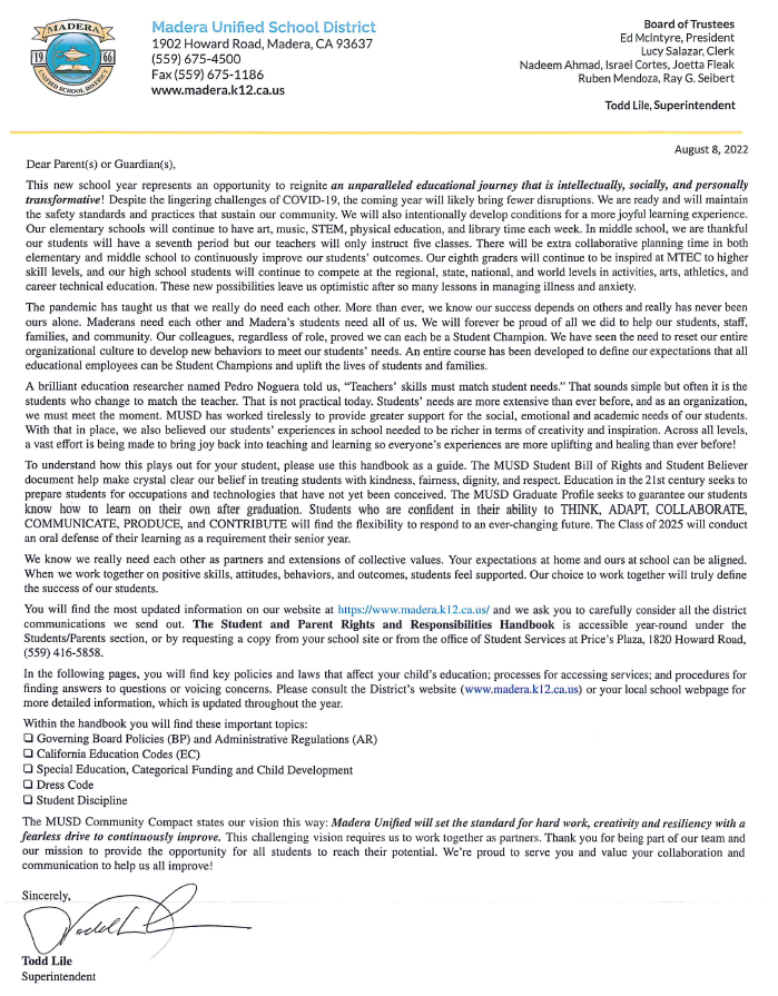 Superintendent's Letter 2022-2023
